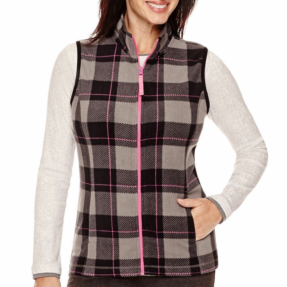 Made For Life Vest Polar Fleece Plaid Zipper Pink Black Gray Size L